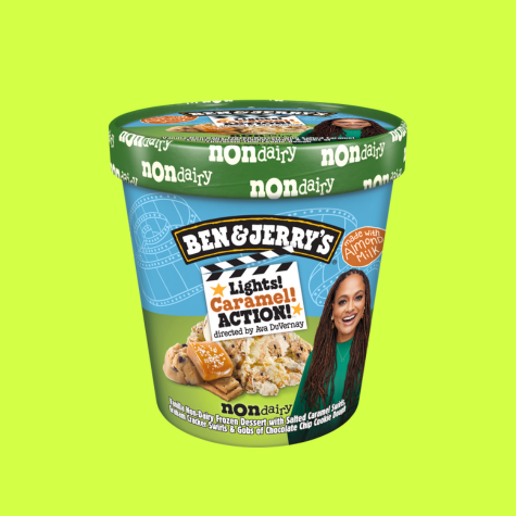A pint of Ben & Jerry's non-dairy Lights! Caramel! ACTION! ice cream.