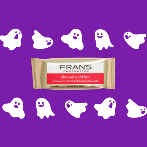 An almond and caramel in dark chocolate Gold Bar from Fran’s Chocolates is accompanied by two rows of ghosts who are emoting feelings from despair to joy.