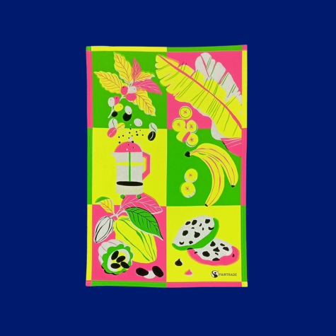 A vibrantly colored Fairtrade cotton tea towel that portrays coffee, cocoa, and bananas as plants and food products.