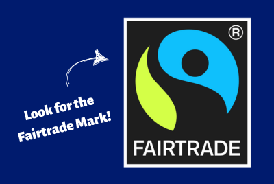 The blue, green and black Fairtrade Mark is accompanied by text that says, 