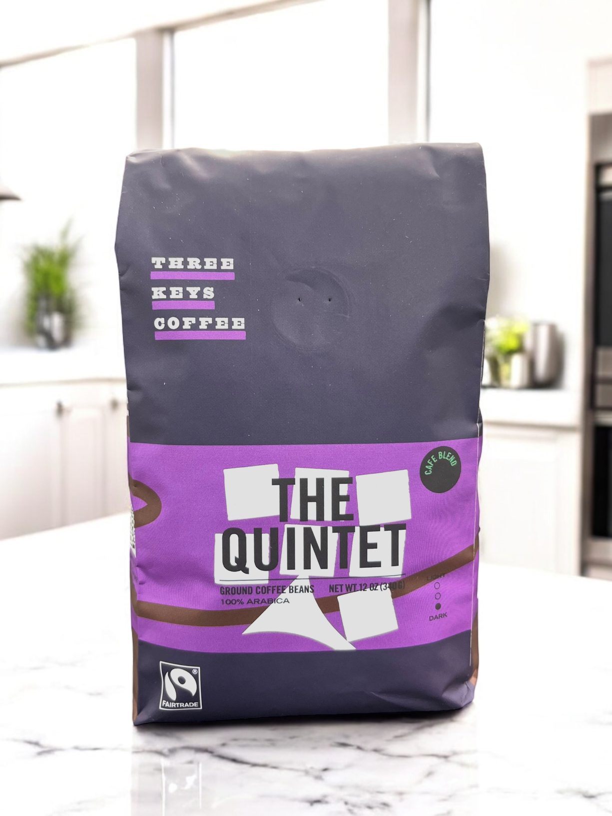 A bag of “The Quintet” roast from Three Keys Coffee which bears the Fairtrade Mark.