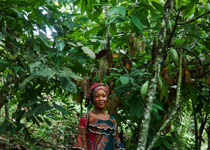 Salamatu Katta poses for a portrait amid the understory shade of cacao trees.