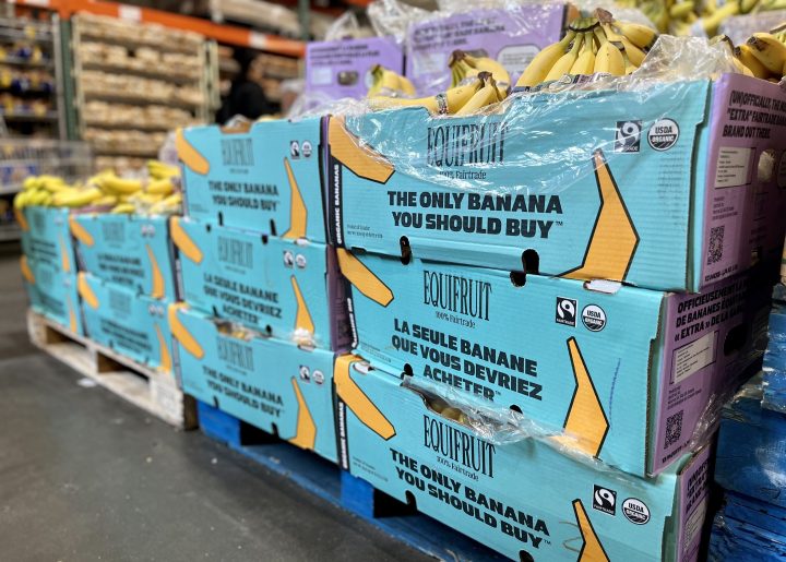 Pallets of Equifruit Fairtrade bananas.