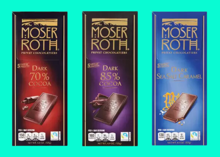 Three Moser Roth chocolate bars featuring Fairtrade cocoa. The featured flavors are 70% cocoa, 85% cocoa and dark sea salt caramel.