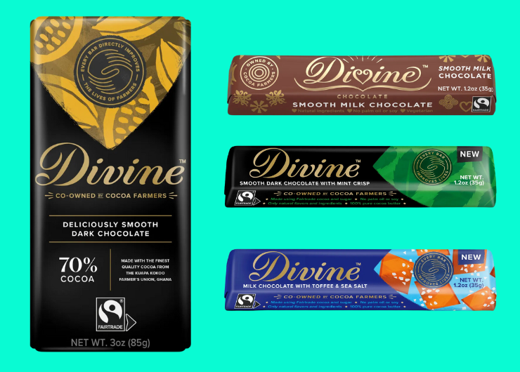 Four chocolate bars from Divine, a Fairtrade brand co-owned by cocoa farmers. Three of the bars are snack size, and one is full-size. Two are dark chocolate, and two are milk chocolate. One has mint crisp and another has both toffee and sea salt.