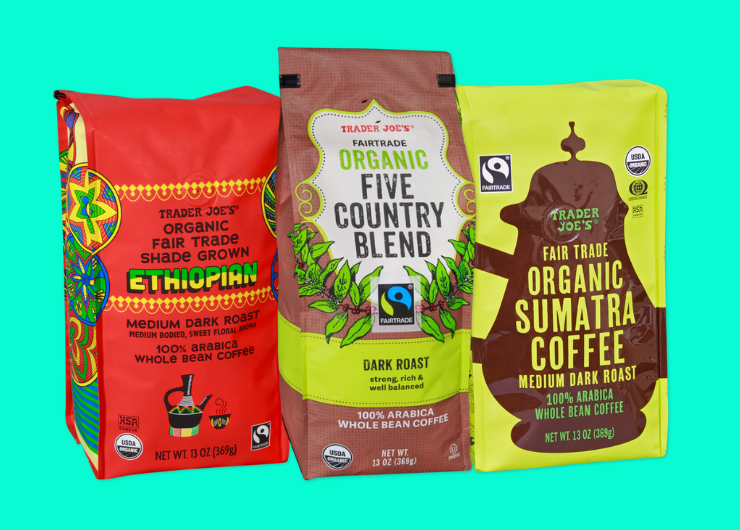 Three Fairtrade, organic coffees from Trader Joe's. From left to right they are: shade grown Ethiopian, five country blend, and Sumatra.