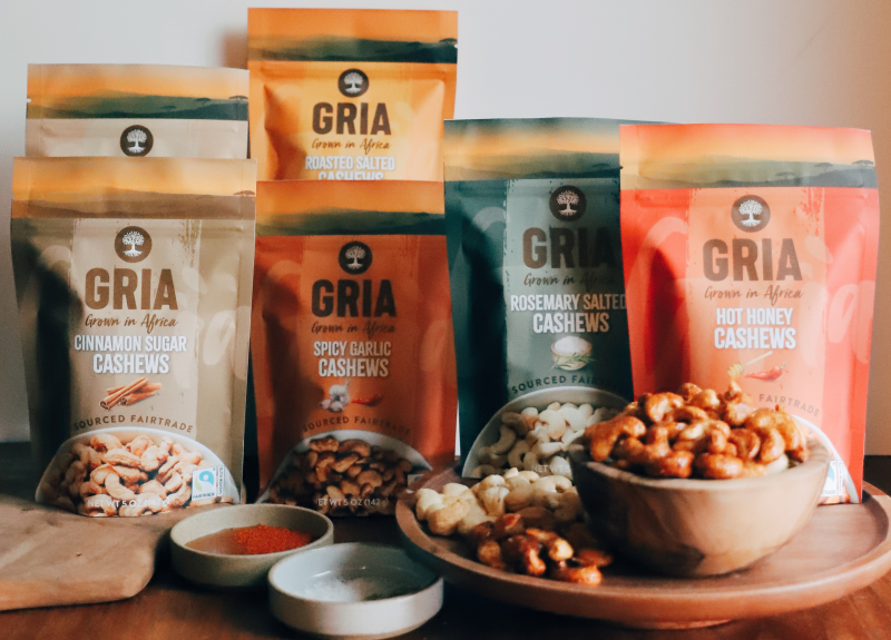 Six bags of GRIA cashews, each a different flavor.