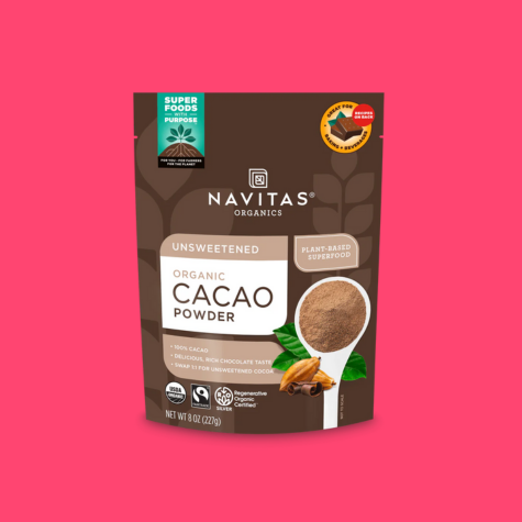 A bag of Navitas Organics Unsweetened Cacao Powder.