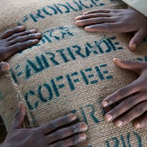 Hands on a fairtrade coffee sack