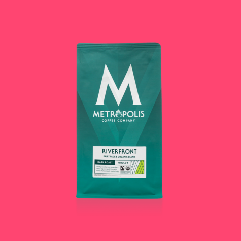 A bag of Fairtrade, organic Riverfront espresso from Metropolis Coffee Company.