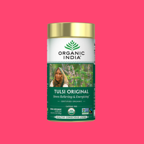 A tin canister of organic, non-GMO, Fairtrade Tulsi Original tea from Organic India.